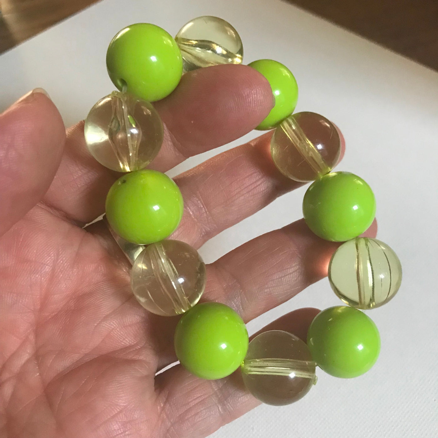 Lime Green Acrylic & Clear Lucite Stretch Bead Bracelet Retro Style