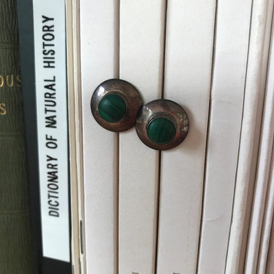 3/4" Vintage Round Silver Green Malachite Stone Stud Pieced Earrings