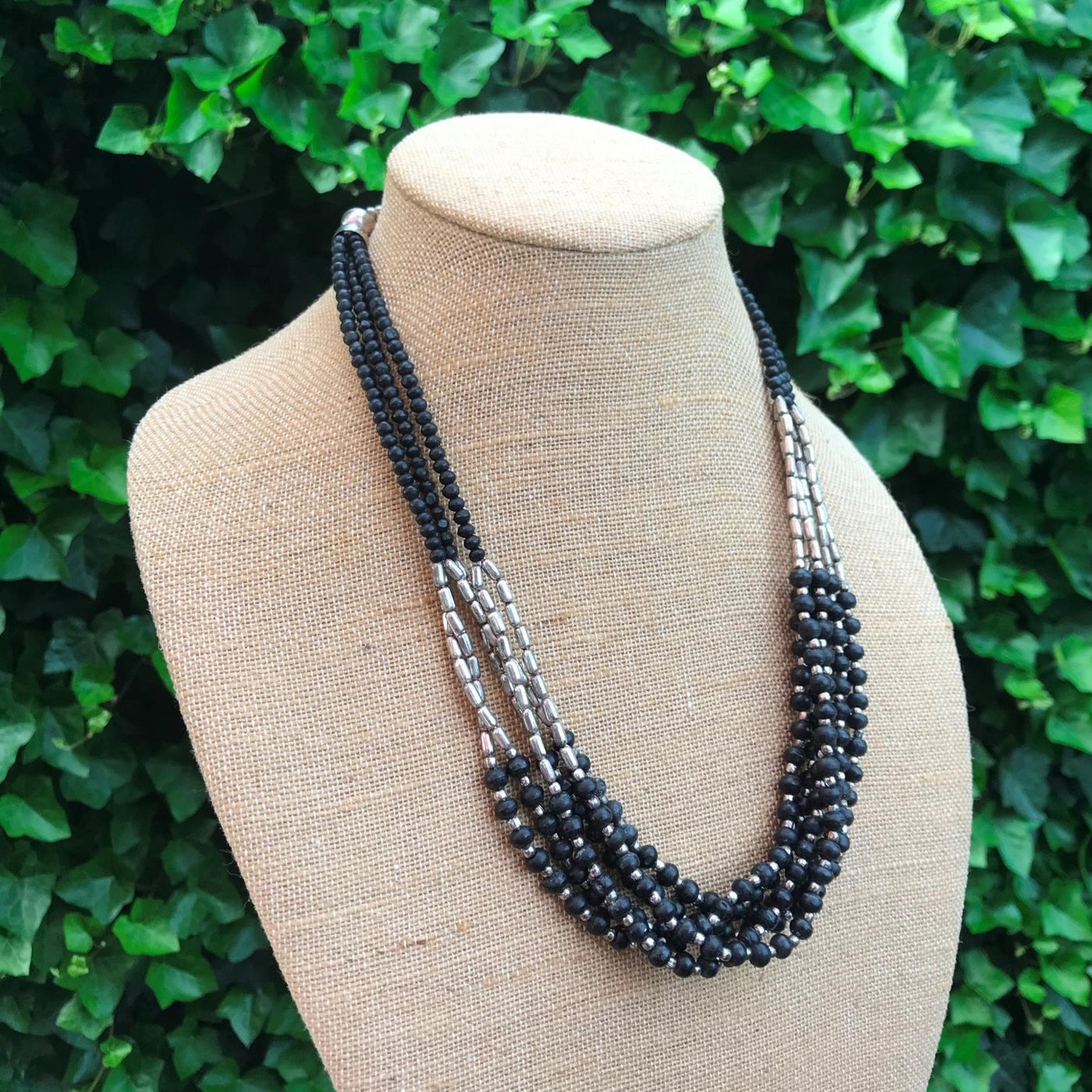 22" Hand Crafted Multi Strand Black Wood Beads & Silver Metal Necklace Vintage