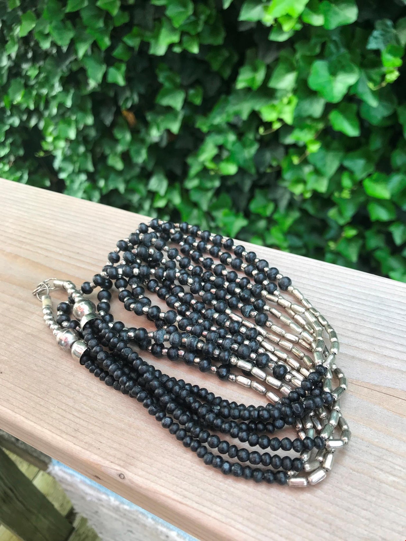 22" Hand Crafted Multi Strand Black Wood Beads & Silver Metal Necklace Vintage