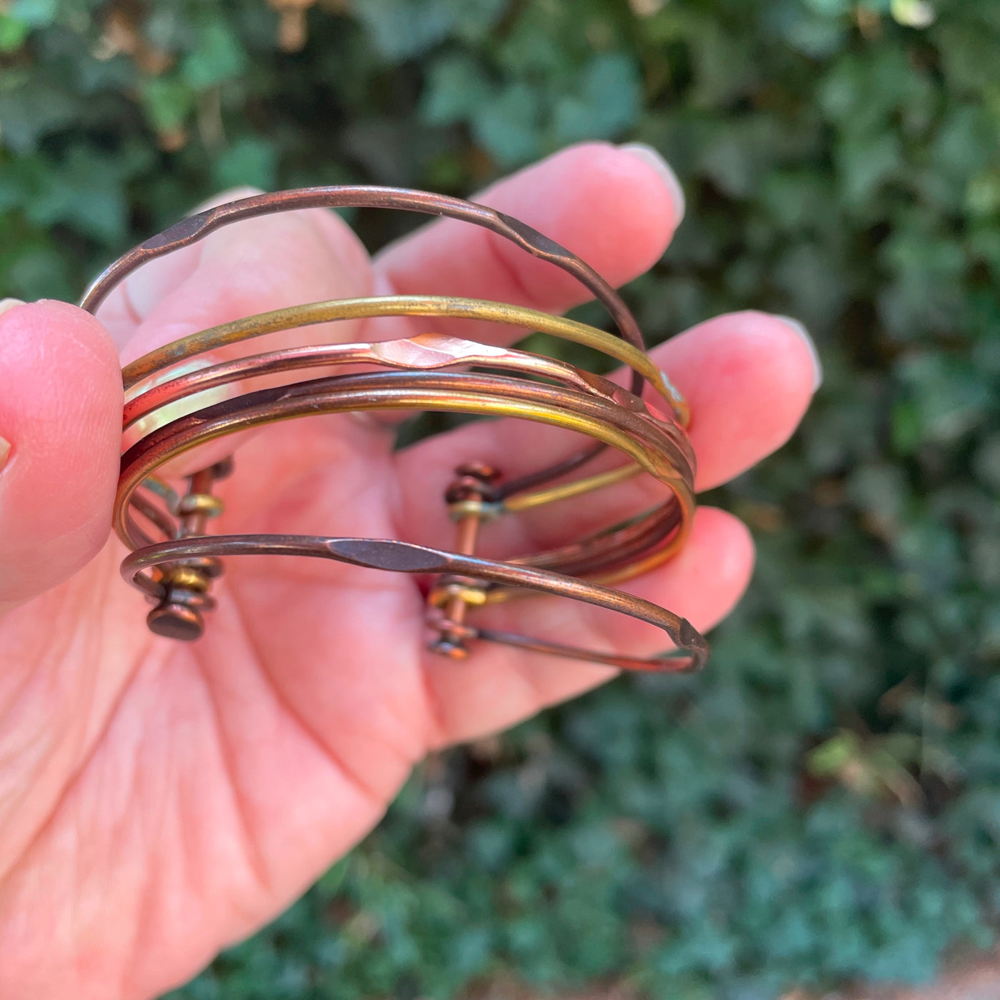 Vintage 2.5" Diameter Tri metal Copper & Silver 6 Ring Cuff Bracelet