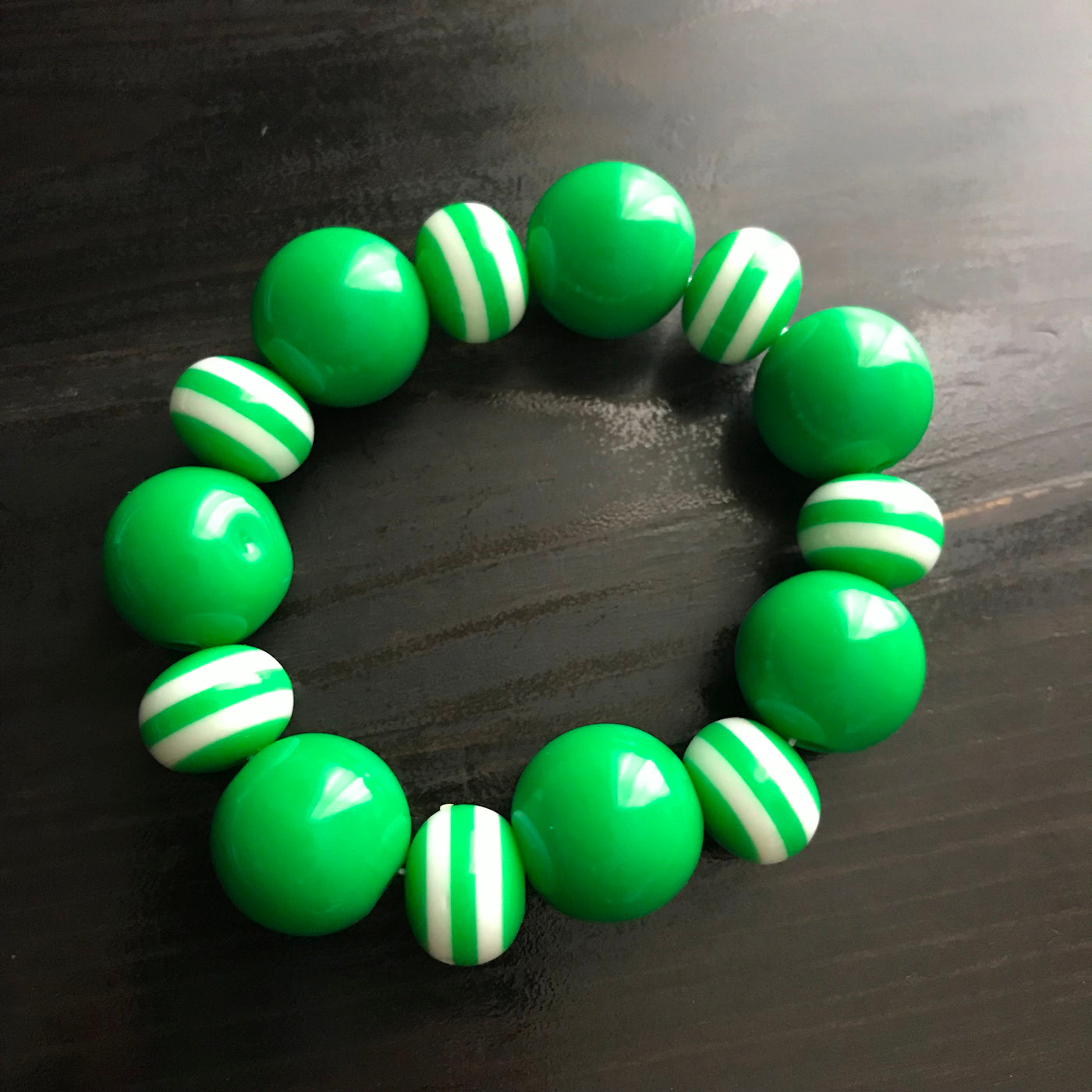 Bright Green White Stripe Opaque Acrylic Stretch Bead Bracelet