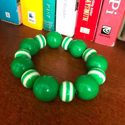 Bright Green White Stripe Opaque Acrylic Stretch Bead Bracelet