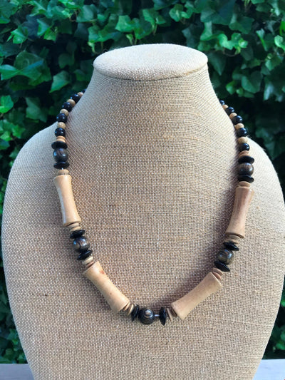 24" Vintage Hand Crafted Wood Black & Natural Surface Bead Necklace