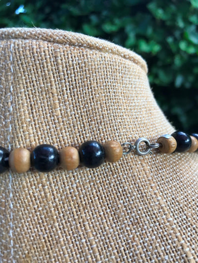 24" Vintage Hand Crafted Wood Black & Natural Surface Bead Necklace